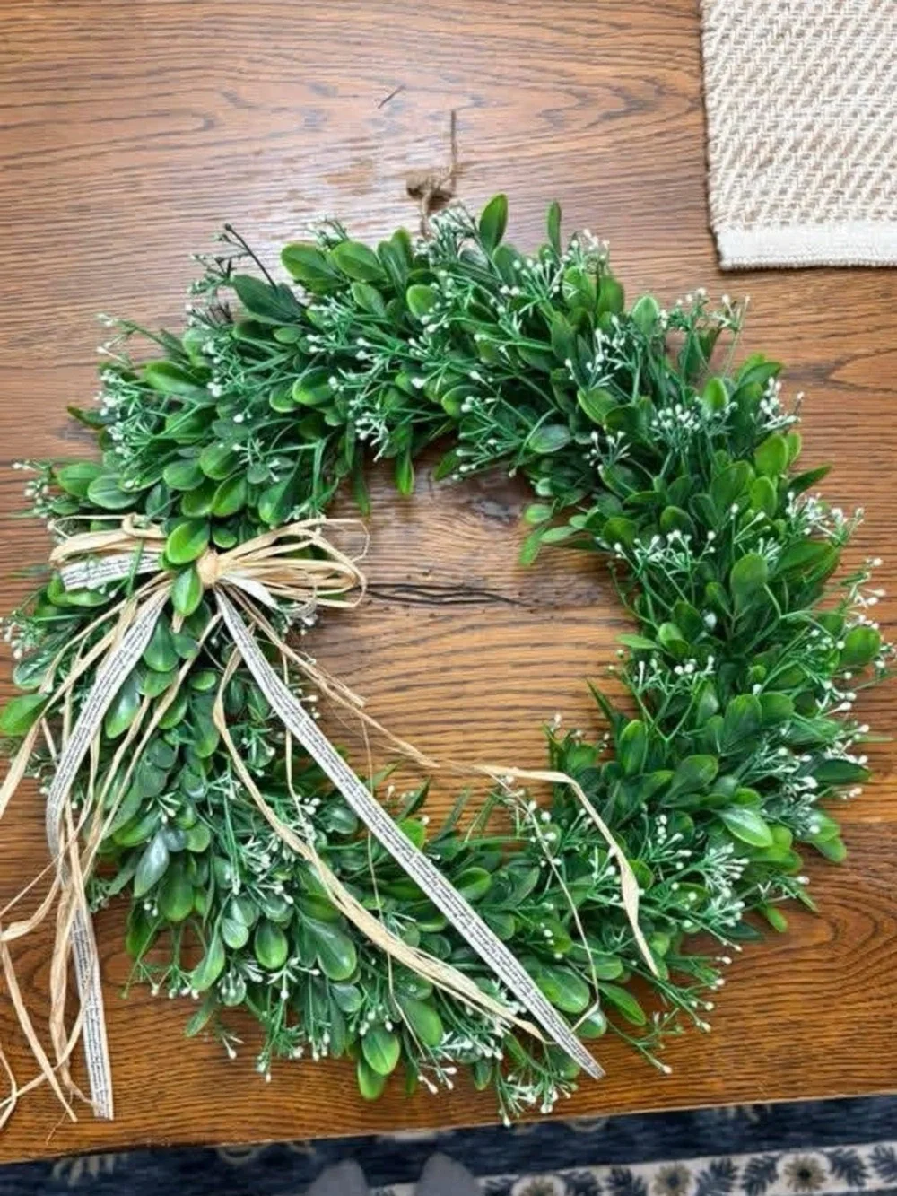16in Green Plastic Boxwood Wreath with Natural Bow - Day to Day Home or Holiday